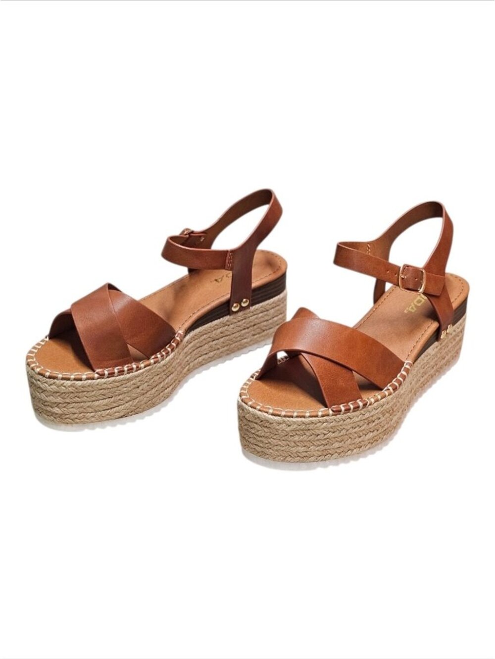 Tan Platform Espadrille Sandals With Buckle Strap Crisscross Upper & White Sole - Picture 16 of 16